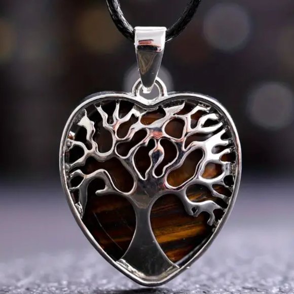 Tiger Eye Natural Gemstone Tree Of Life Heart Pendant Healing Gemstone Necklace - Picture 1 of 2